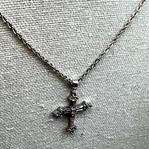 Vintage-Inspired Cookie Lee Cross Necklace With Pink & Clear Rhinestones. B76 - Picture 6 of 14